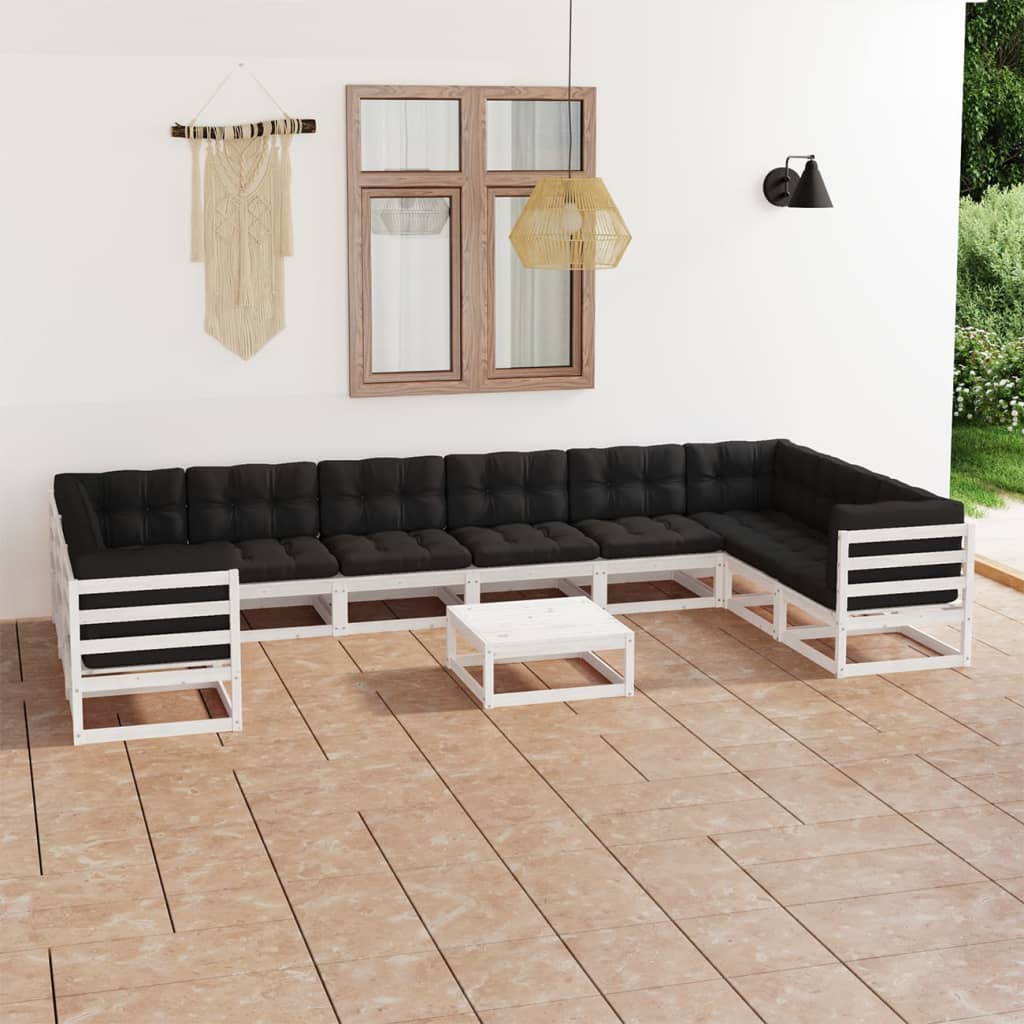 Salon de jardin 11 pcs avec coussins Blanc Bois de pin massif
