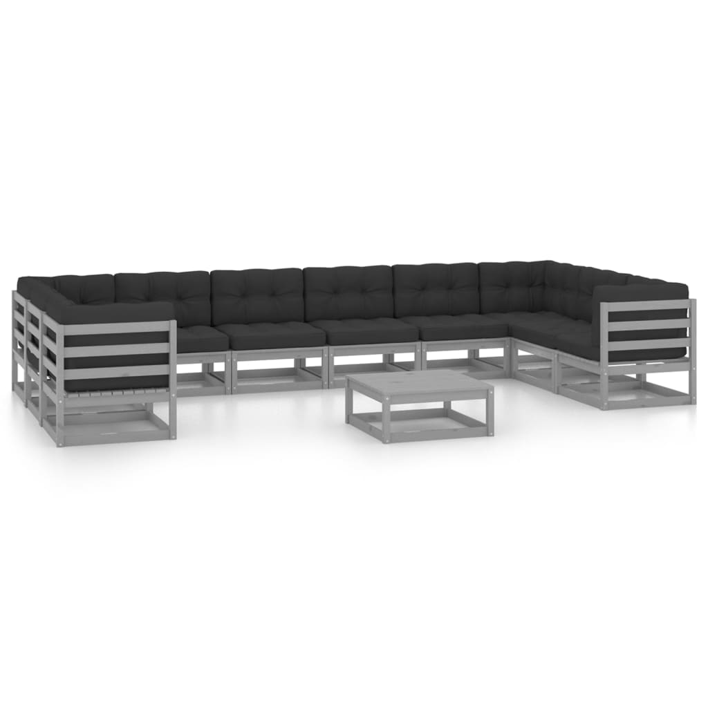 Градински лаундж комплект 11 части с възглавници сив бор масив