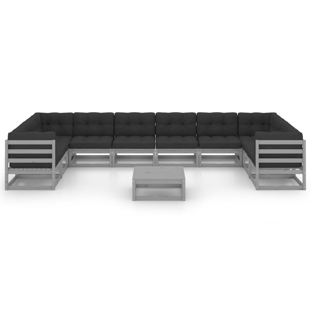 Градински лаундж комплект 11 части с възглавници сив бор масив