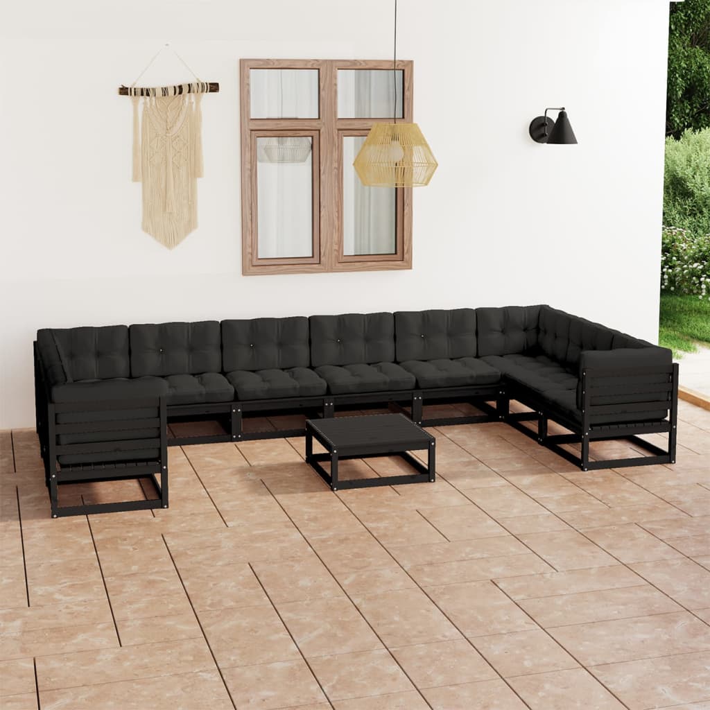 vidaXL 11-tlg. Garten-Lounge-Set mit Kissen Schwarz Kiefer Massivholz