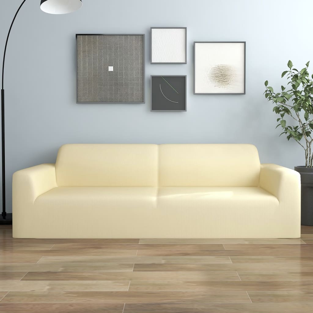 vidaXL Husă elastică pentru canapea cu 3 locuri poliester jersey crem Canapea imagine model 2022