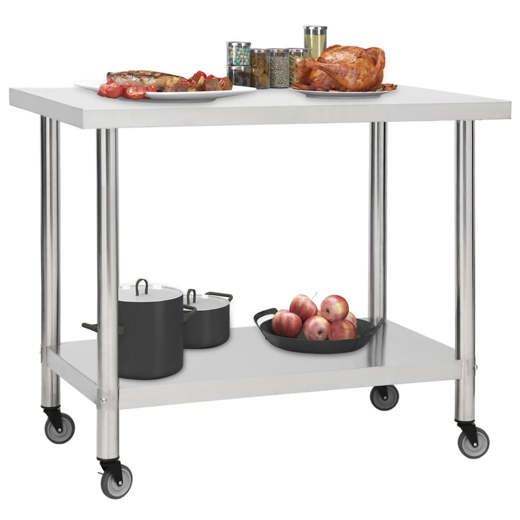 vidaXL rozsdamentes acél konyhai munkaasztal kerekekkel 100x45x85 cm