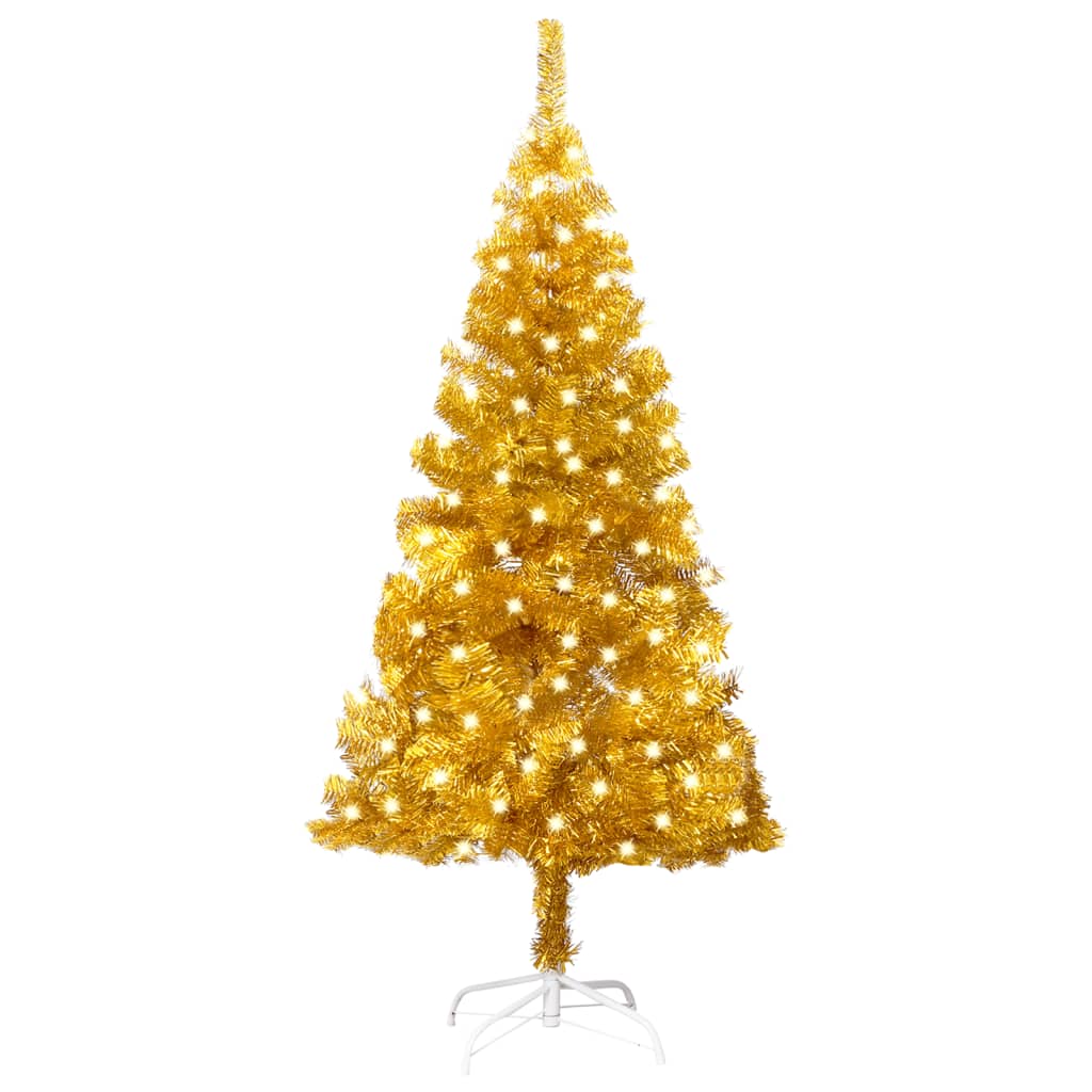 vidaXL kunstigt juletræ med LED og juletræsfod 120 cm PET guldfarvet
