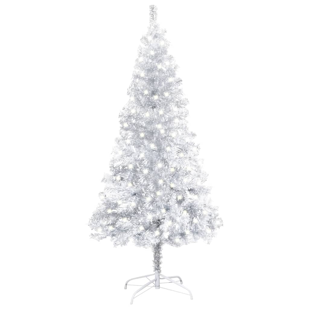 vidaXL kunstigt juletræ med LED og juletræsfod 120 cm PET sølvfarvet
