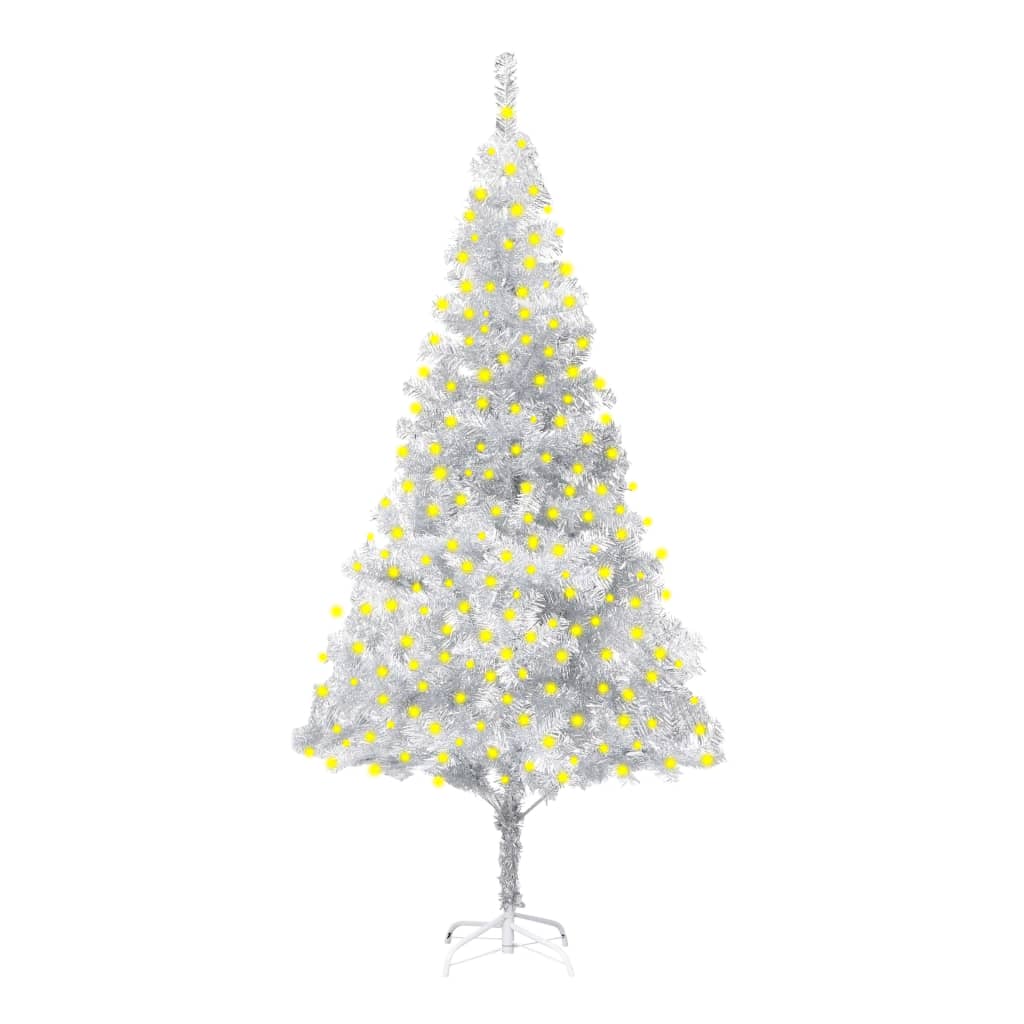 vidaXL kunstigt juletræ med LED og juletræsfod 210 cm PET sølvfarvet