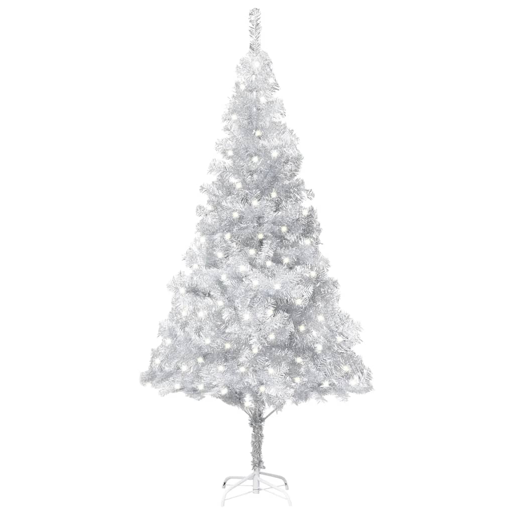vidaXL kunstigt juletræ med LED og juletræsfod 240 cm PET sølvfarvet