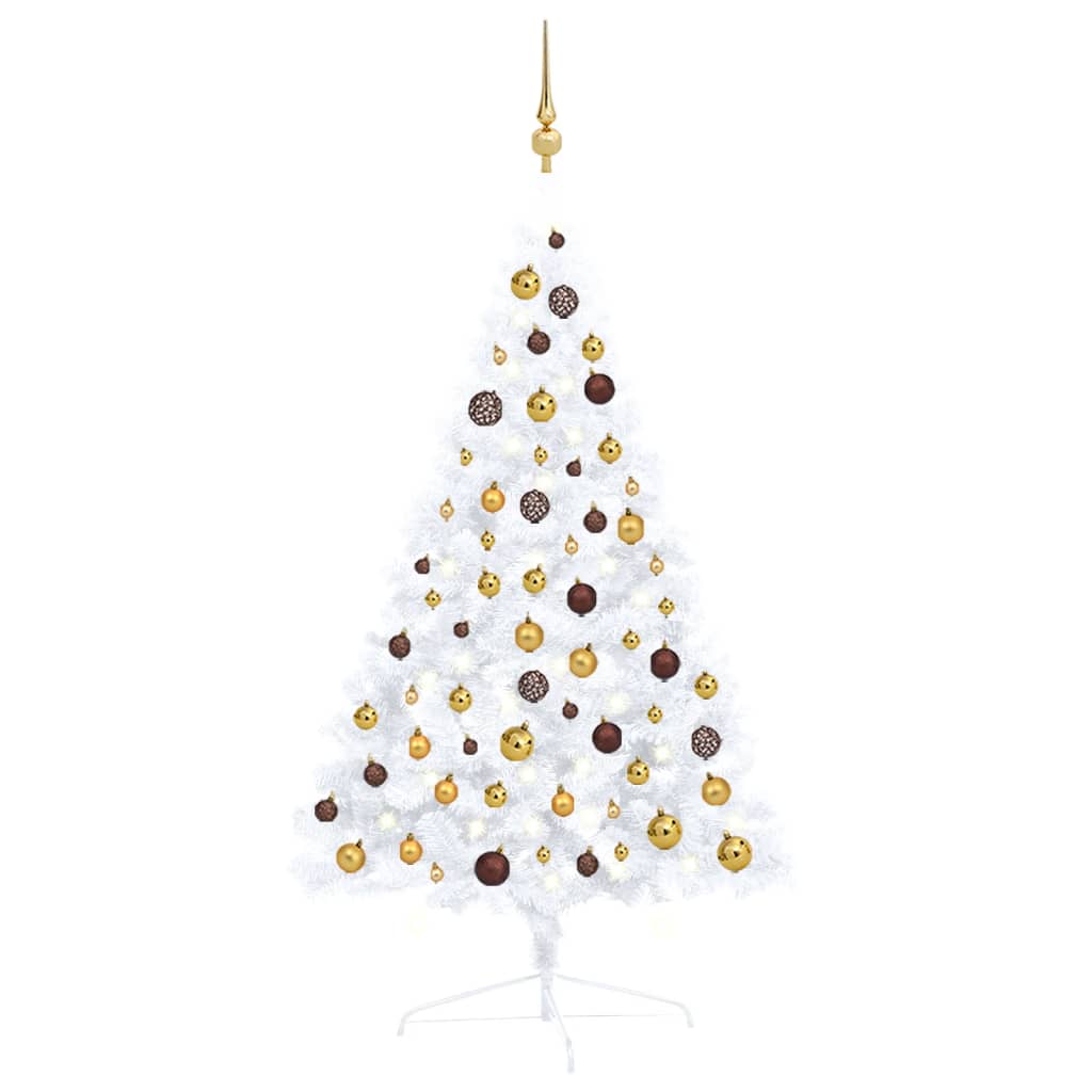 vidaXL Set jumătate brad Crăciun artificial LED&globuri, alb, 120 cm
