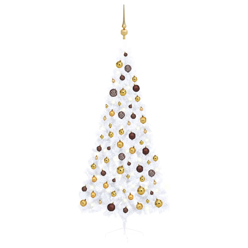 Umělý vánoční půl stromek s LED a sadou koulí bílý 180 cm