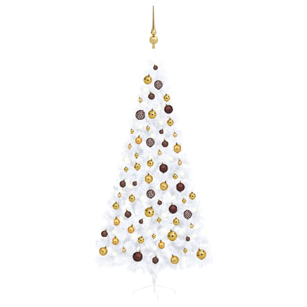 Umělý vánoční půl stromek s LED a sadou koulí bílý 210 cm
