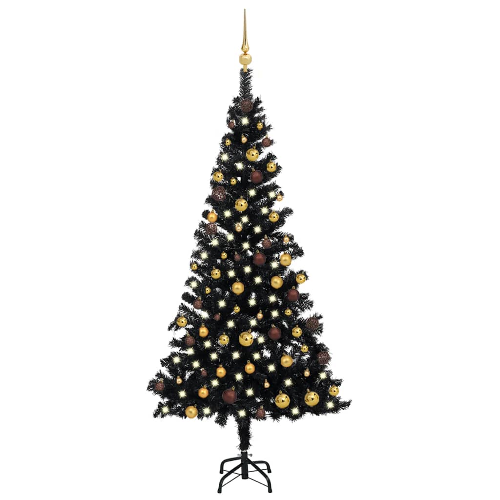Umělý vánoční stromek s LED a sadou koulí černý 180 cm PVC