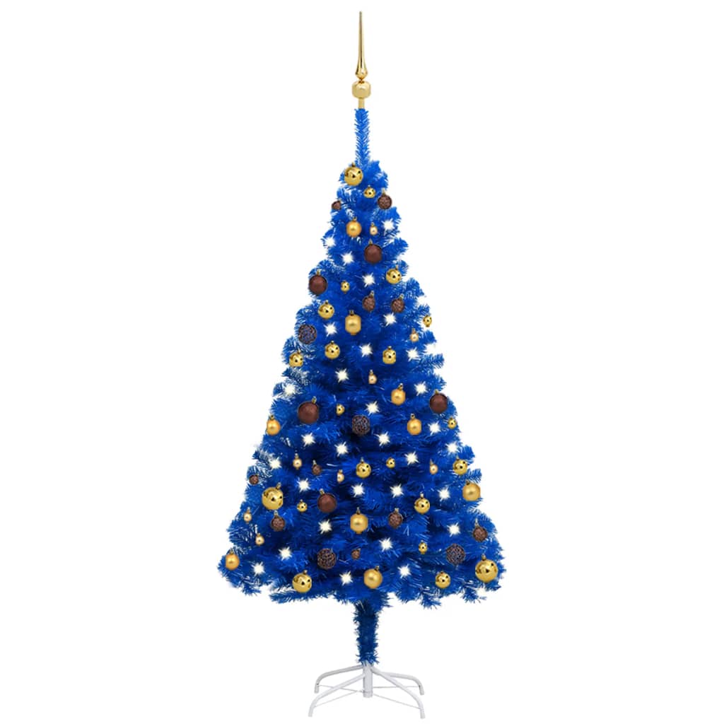 Plastgran med LED och julgranskulor blå 150 cm PVC