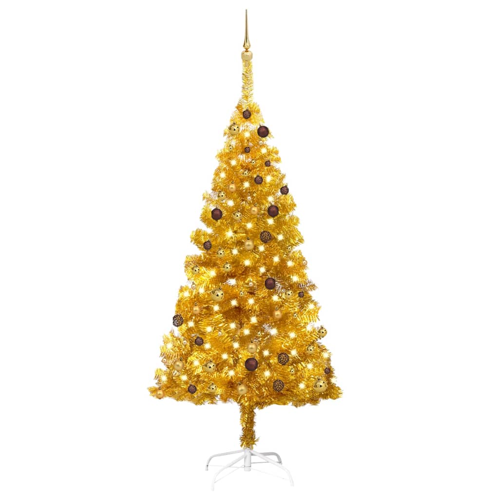 vidaXL Set brad de Crăciun artificial cu LED&globuri auriu 210 cm PET
