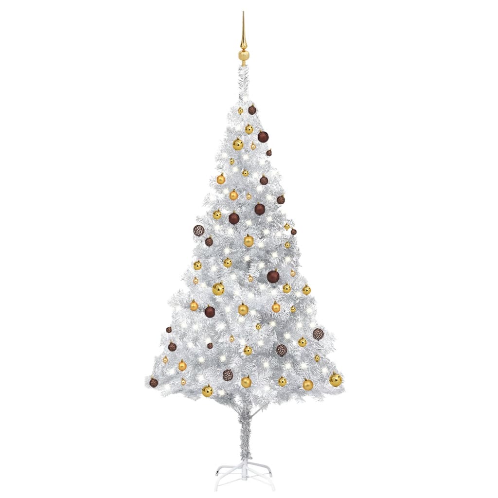 Umělý vánoční stromek s LED a sadou koulí stříbrný 240 cm PET