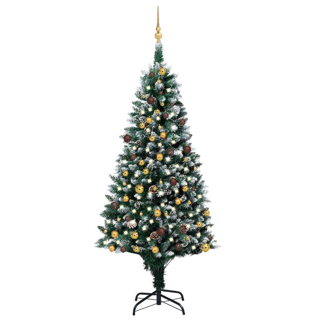 6: vidaXL juletræ med sne + lys + julekugler og grankogler 210 cm