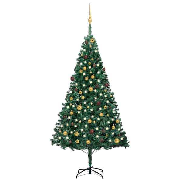 vidaXL valgustusega kunstkuusk kuulidega, roheline, 210 cm, PVC