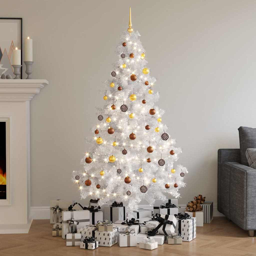 White artificial pre-lit Christmas tree with ball set, decorated with lights and ornaments, in a living room setting.