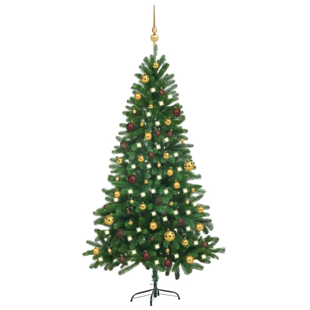  Osvetlený umelý vianočný stromček s guľami 180 cm, zelený