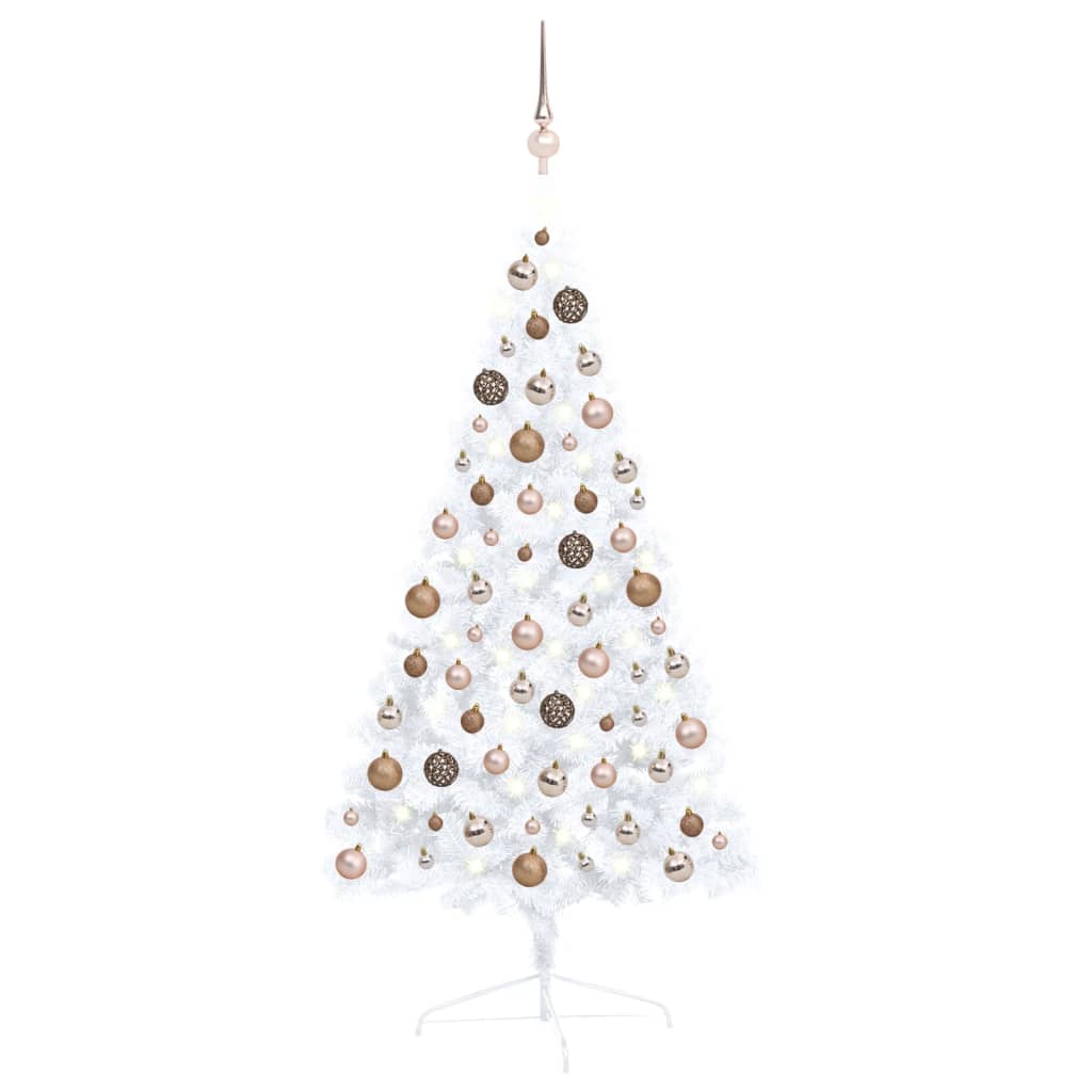 vidaXL Set jumătate brad Crăciun artificial LEDuri&globuri, alb 120 cm