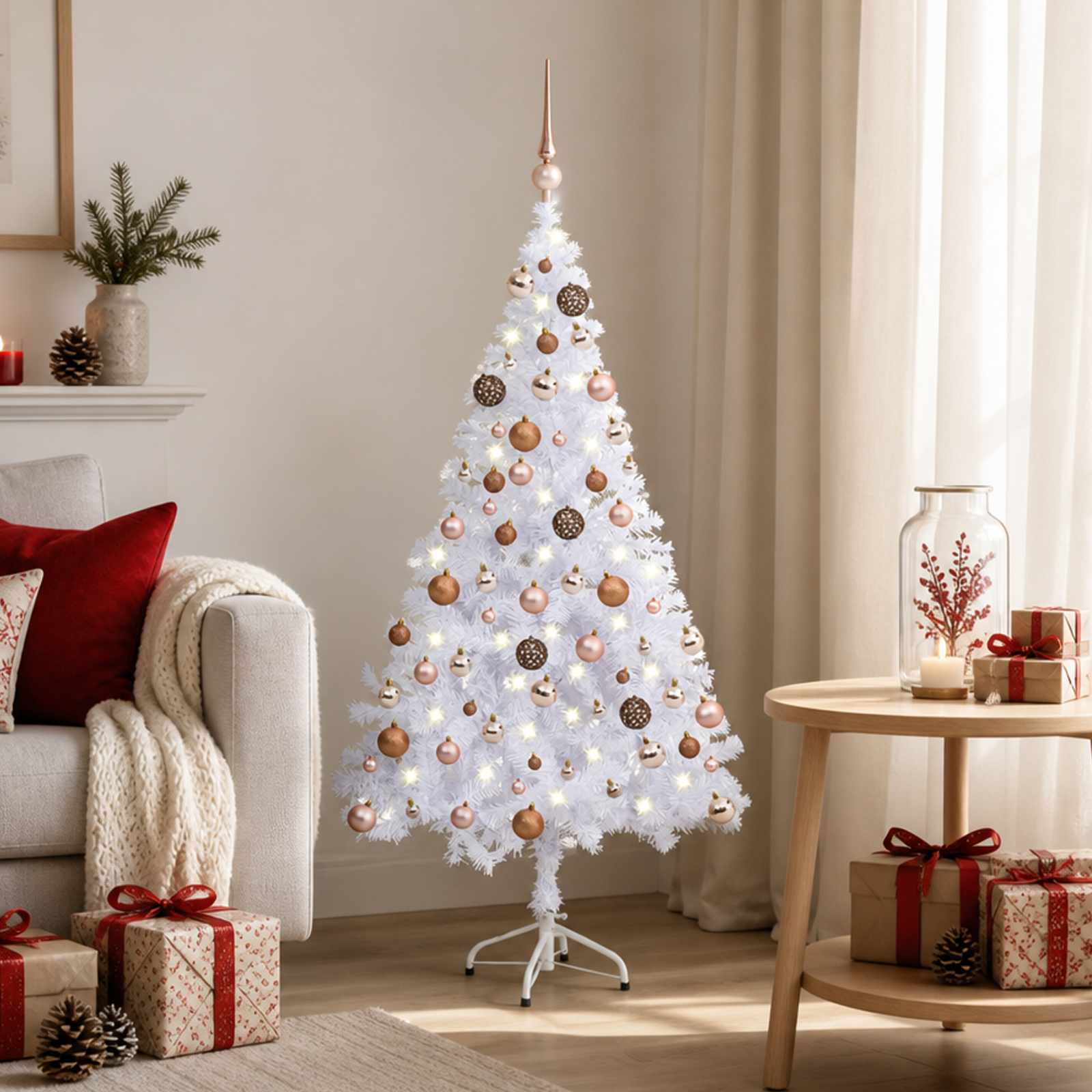Kunstigt juletræ med LED-lys og kugler - hvid, 120 cm, 230 grene