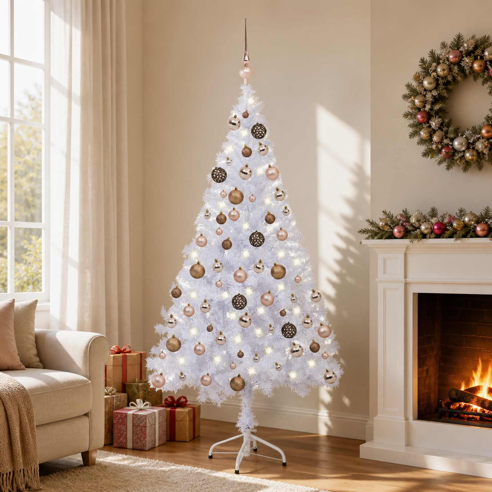 Kunstigt juletræ med LED-lys og kuglesæt - hvid, 150 cm, 380 grene