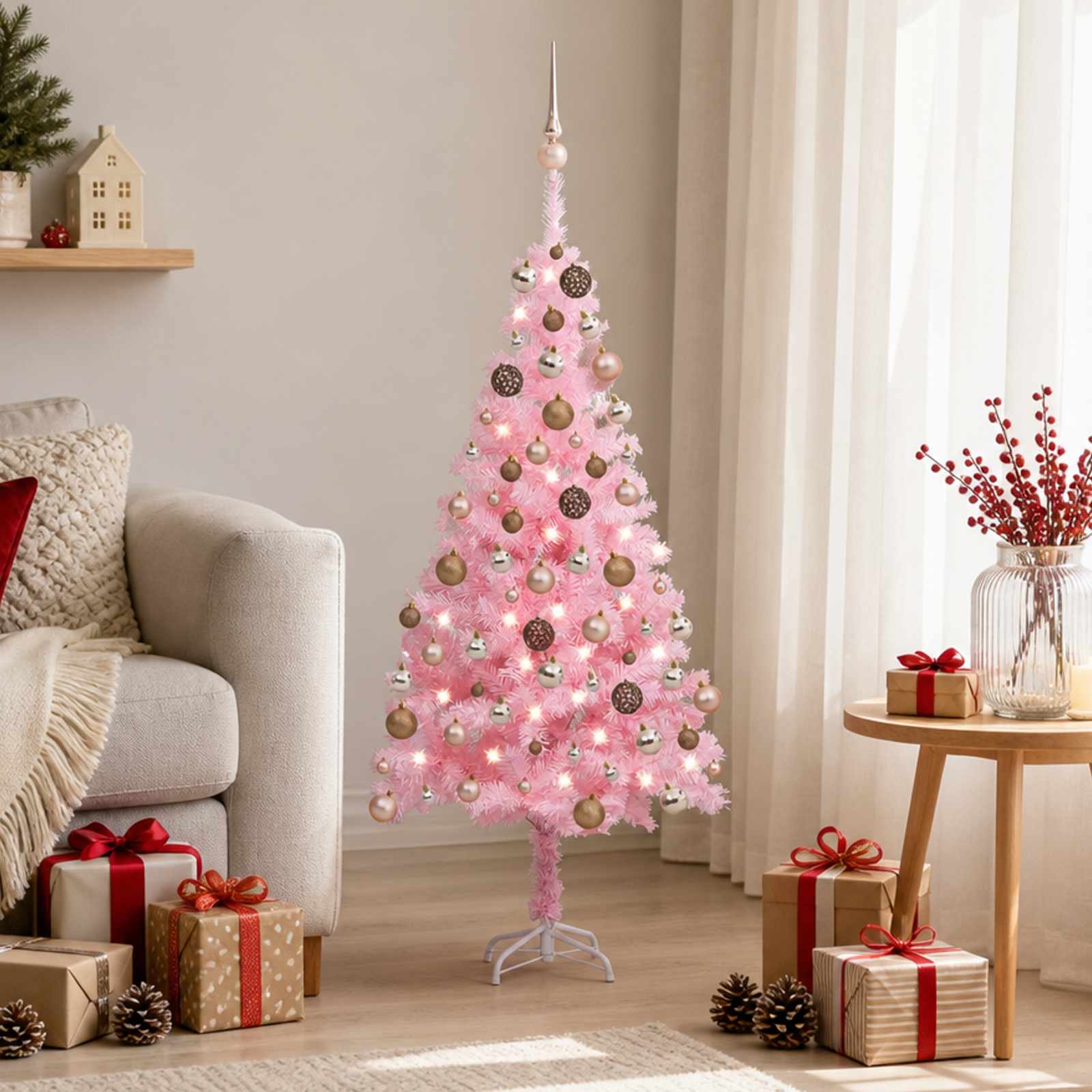 vidaXL Künstlicher Weihnachtsbaum mit Beleuchtung & Kugeln Rosa 120cm