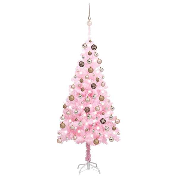 vidaXL valgustusega kunstkuusk kuulidega, roosa, 150 cm, PVC