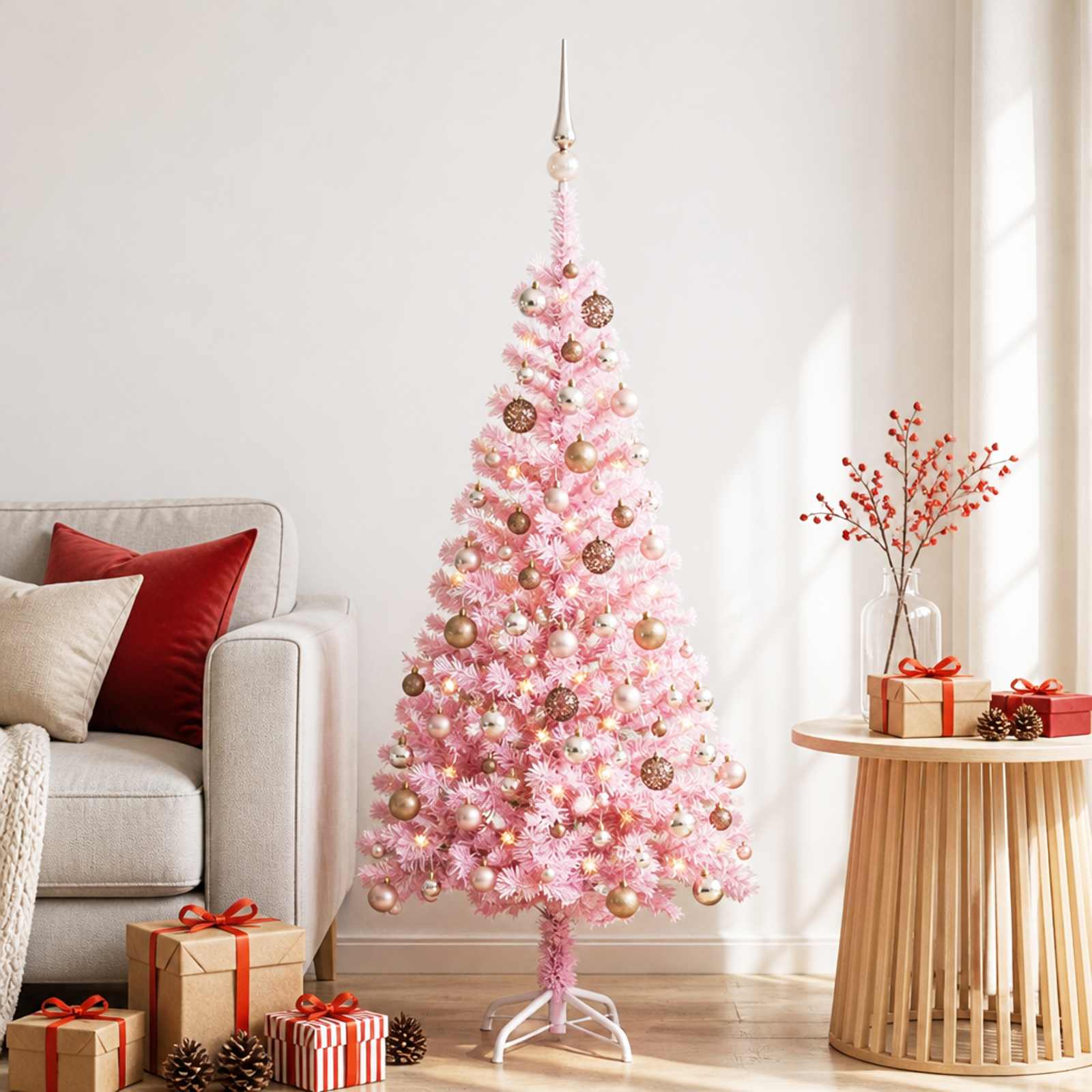 vidaXL Künstlicher Weihnachtsbaum mit Beleuchtung & Kugeln Rosa 150cm