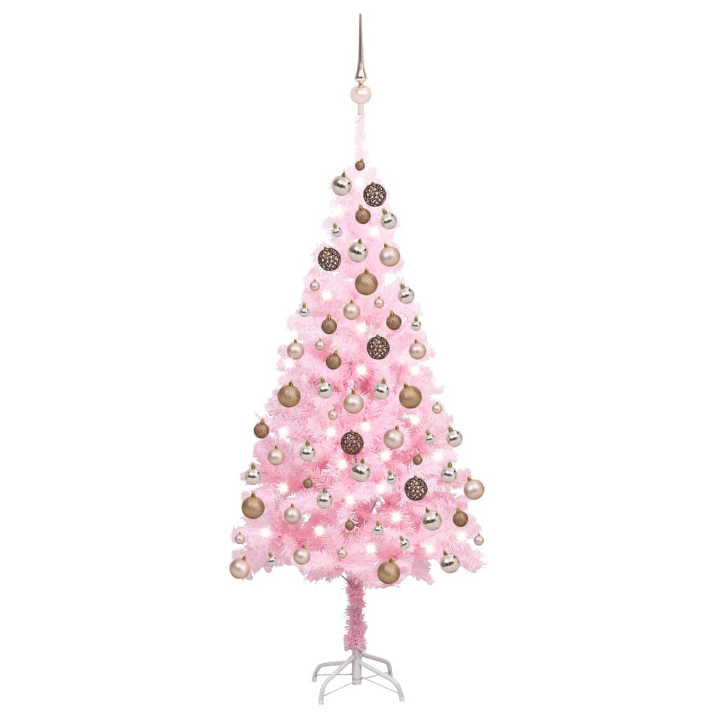  Osvetlený umelý vianočný stromček s guľami, ružový 180 cm, PVC