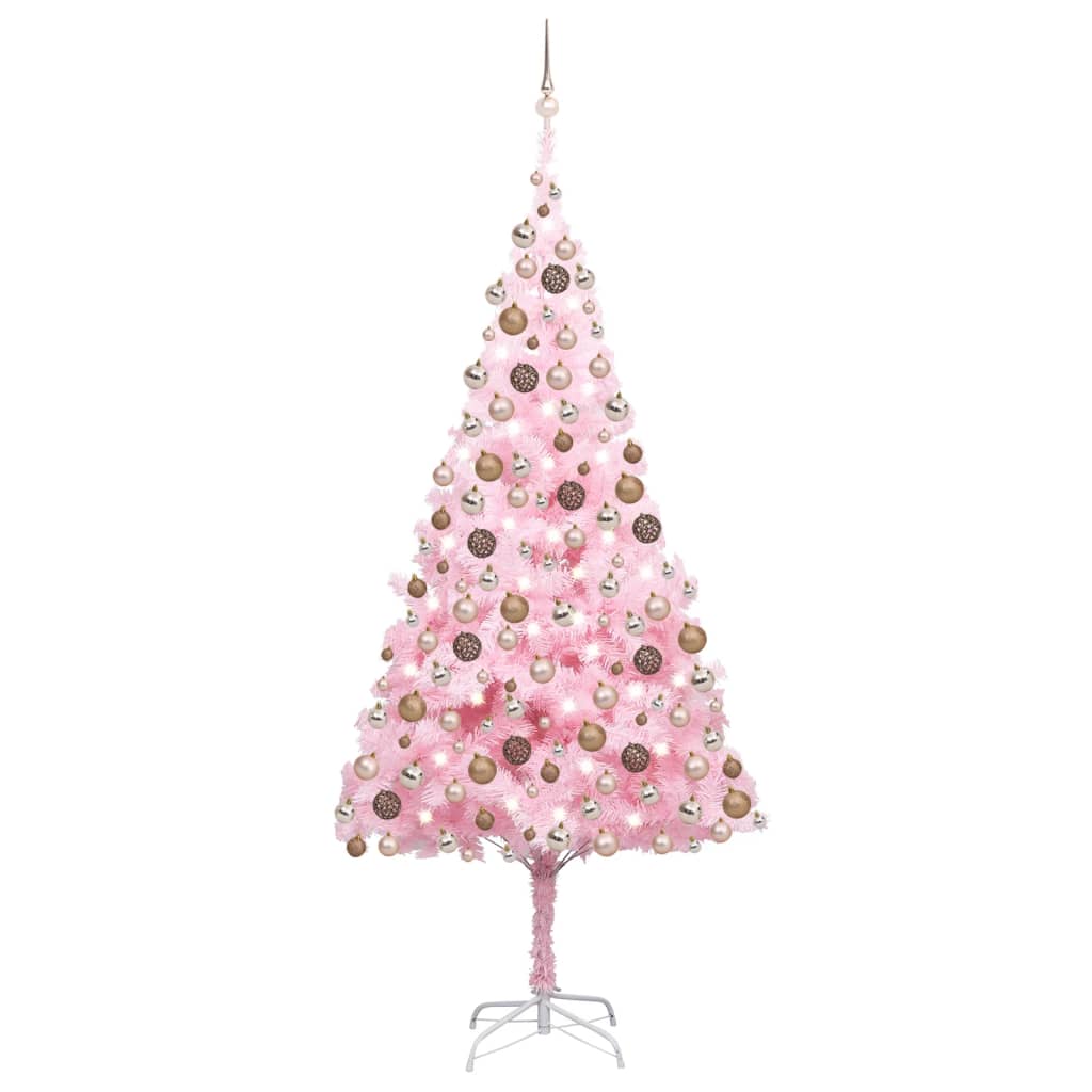  Osvetlený umelý vianočný stromček s guľami, ružový 240 cm, PVC