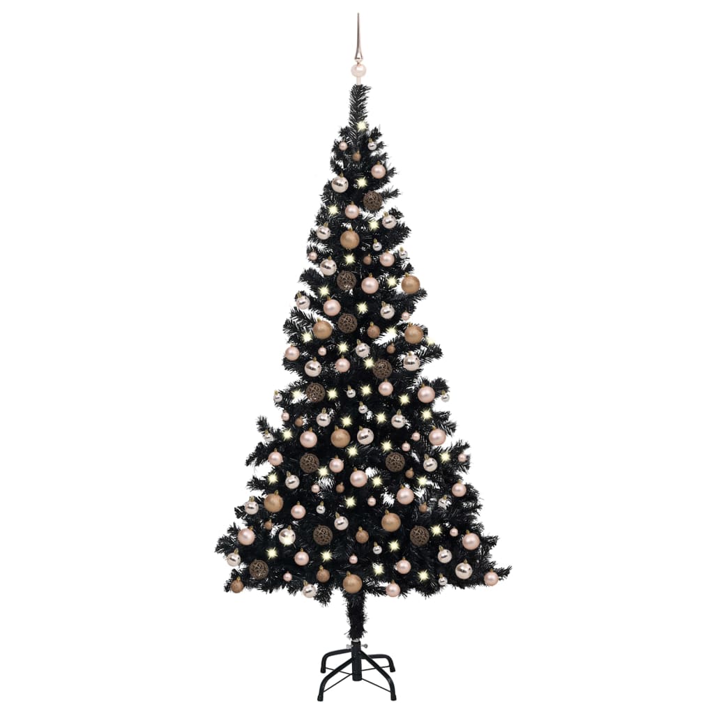  Osvetlený umelý vianočný stromček s guľami, čierny 240 cm, PVC