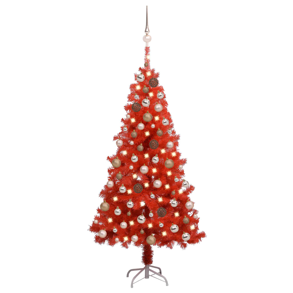 Umělý vánoční stromek s LED a sadou koulí červený 120 cm PVC