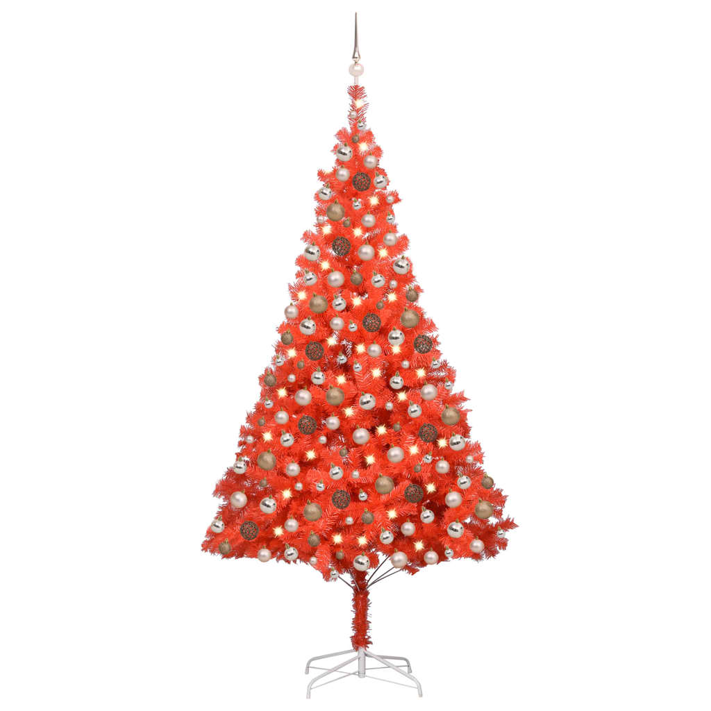 vidaXL Brad de Crăciun pre-iluminat cu set globuri, roșu, 240 cm, PVC