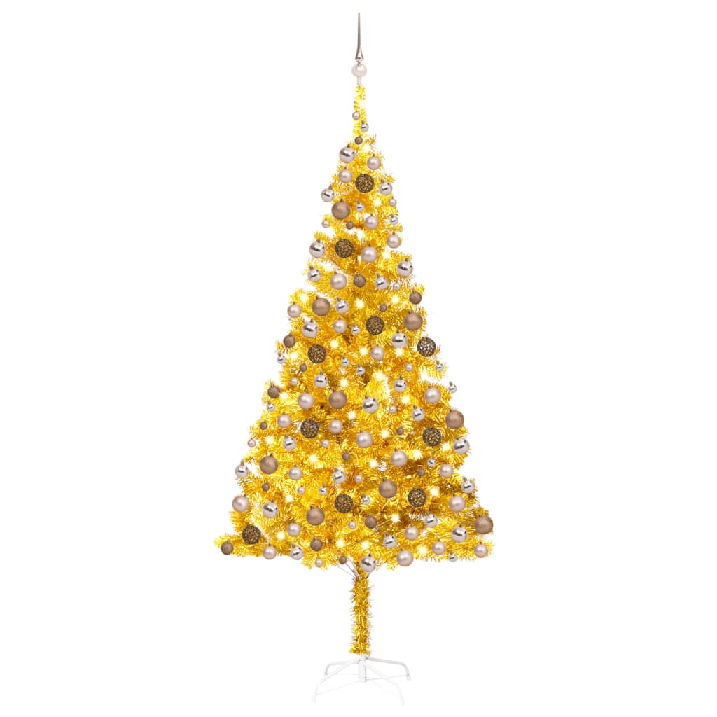 Umělý vánoční stromek s LED a sadou koulí zlatý 210 cm PET