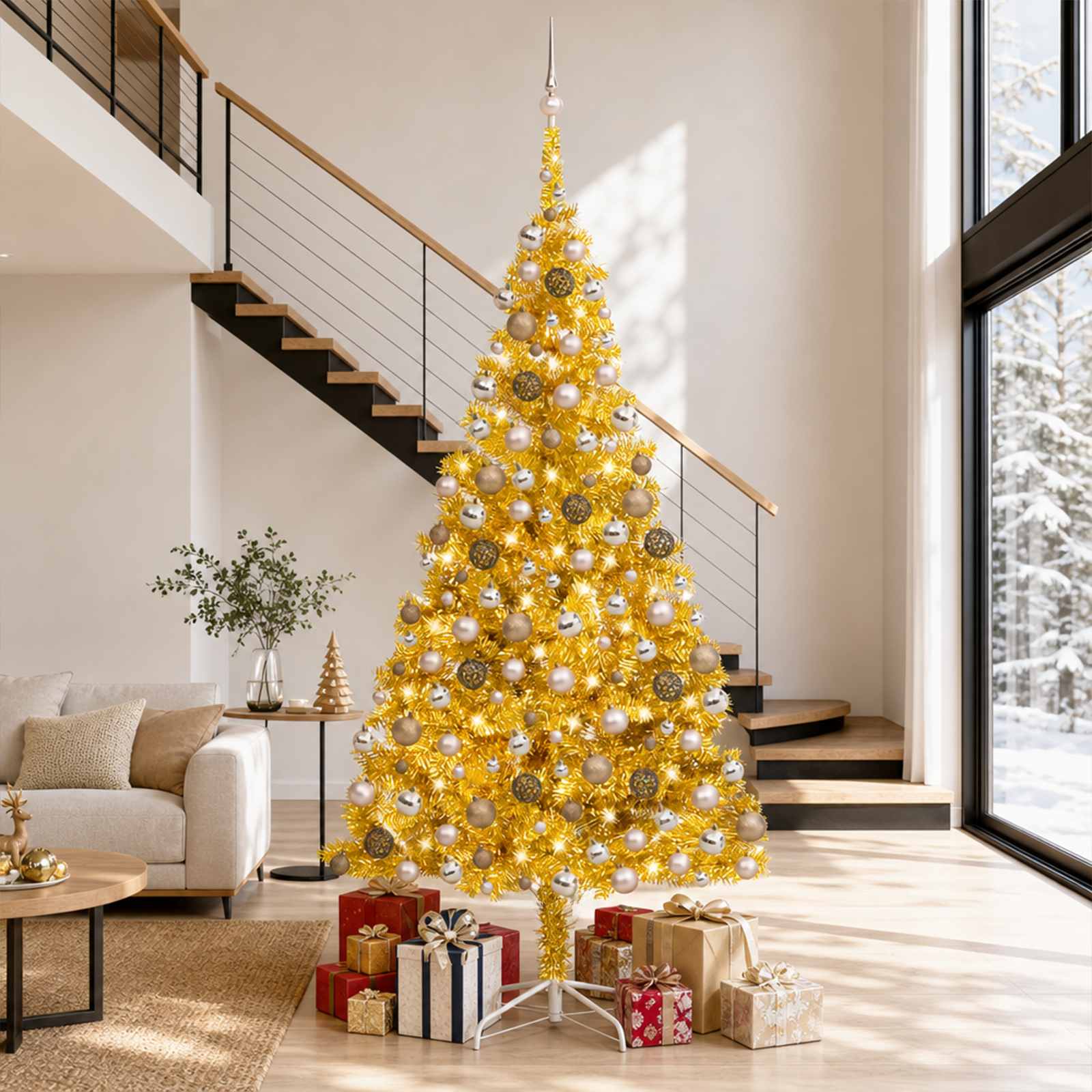 Umělý vánoční stromek s LED a sadou koulí zlatý 240 cm PET 3077607