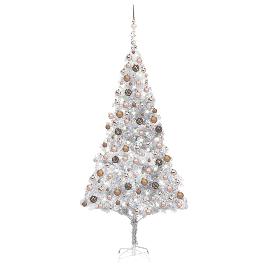 vidaXL Brad Crăciun pre-iluminat cu set globuri, argintiu, 210 cm, PET