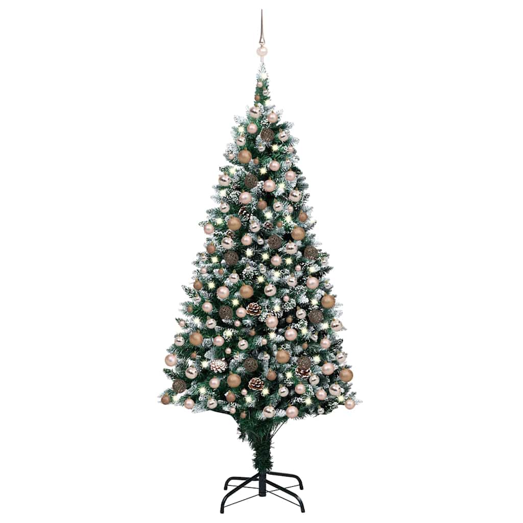 vidaXL kunstigt juletræ med LED og kuglesæt og fyrrekogler 210 cm