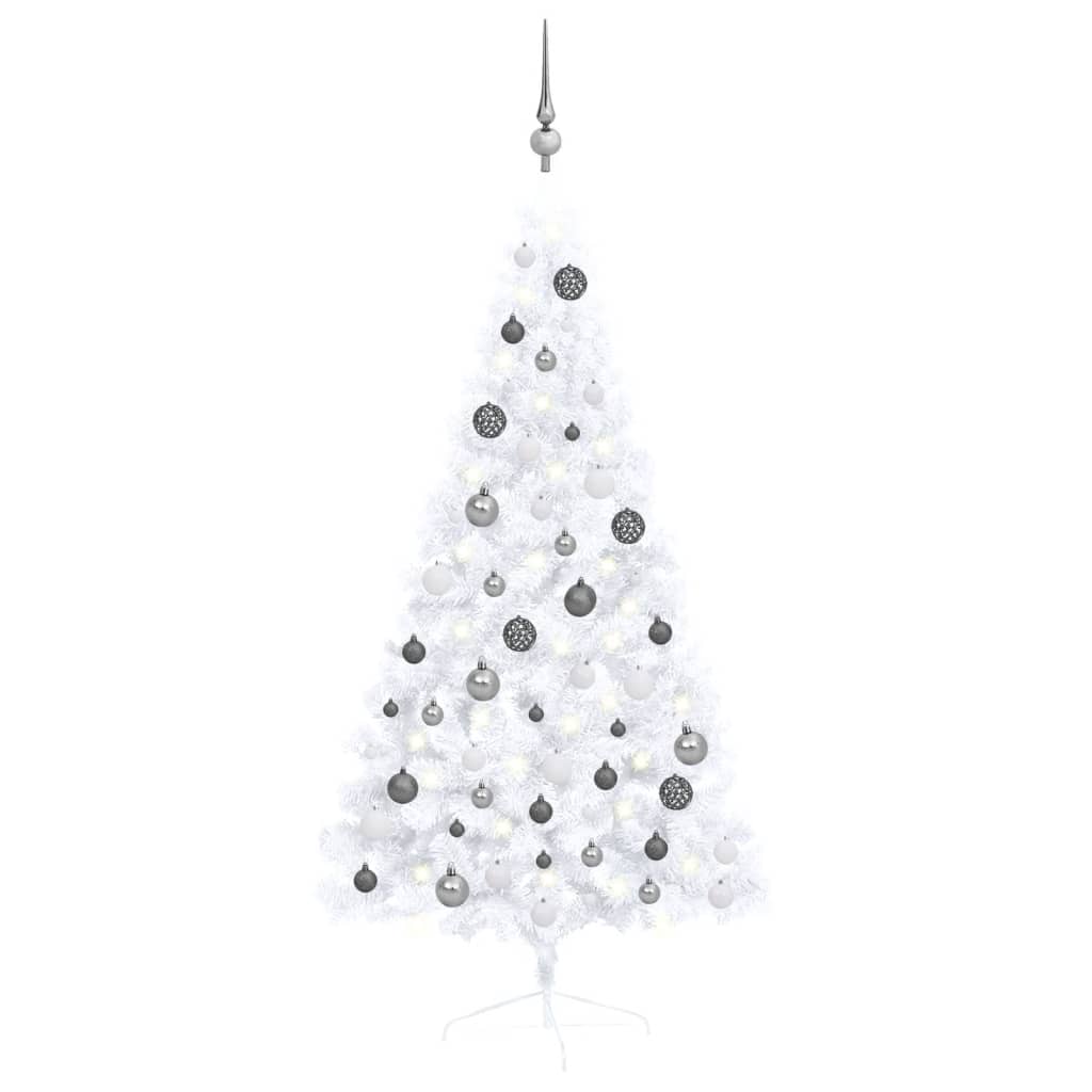 vidaXL Demi-arbre de Noël artificiel avec LED et boules Blanc 150 cm