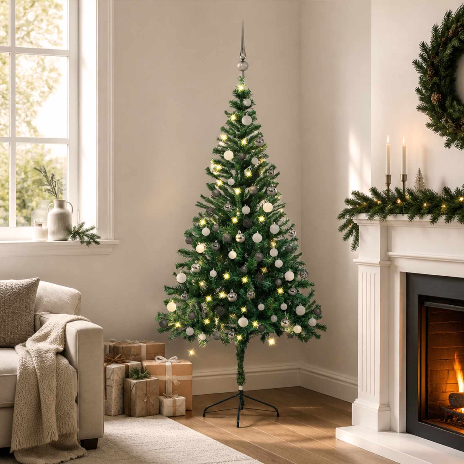 Kunstigt Juletræ Med Lys Og Kuglesæt 230 Grene - Grøn og grå / 180 x 90 cm