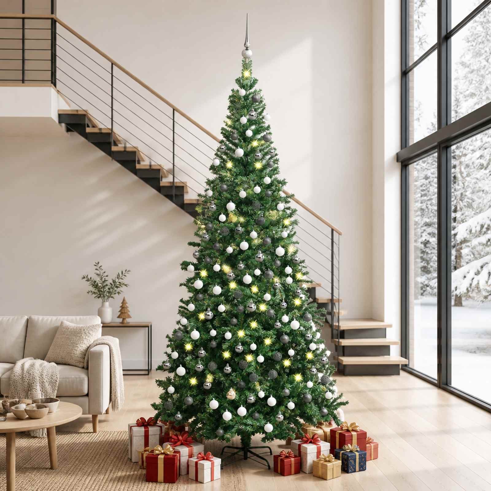 Kunstigt Juletræ Med Lys Og Kuglesæt 230 Grene - Grøn og grå / 240 x 120 cm