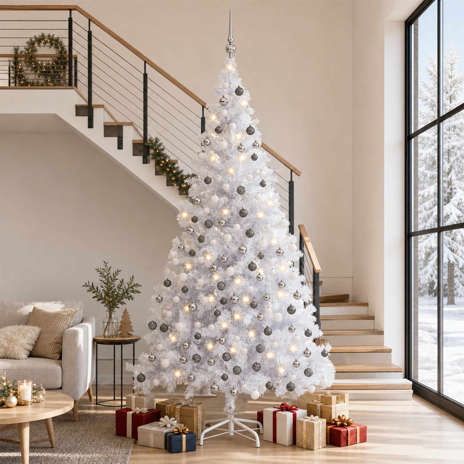 vidaXL Künstlicher Weihnachtsbaum mit Beleuchtung Kugeln L 240 cm Weiß