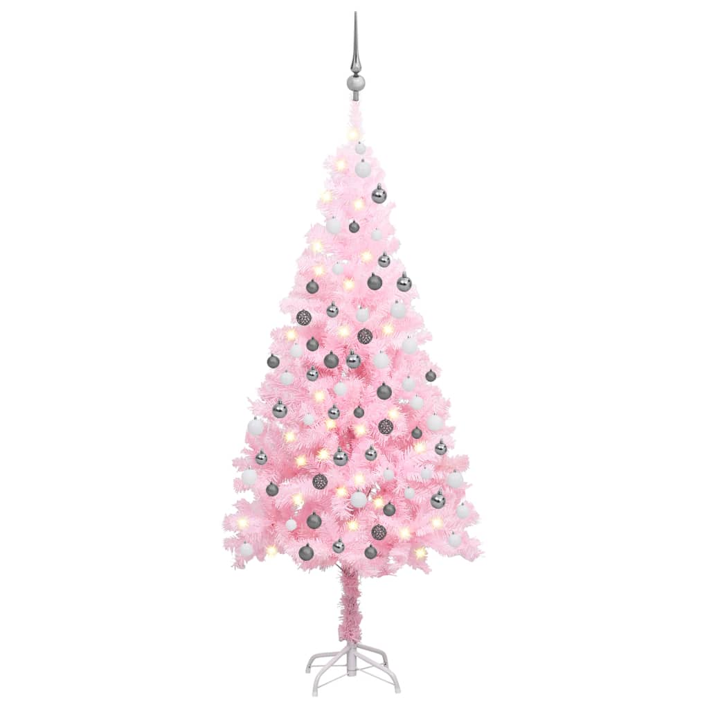vidaXL Pom de Crăciun artificial cu LED-uri/globuri, roz, 120 cm PVC