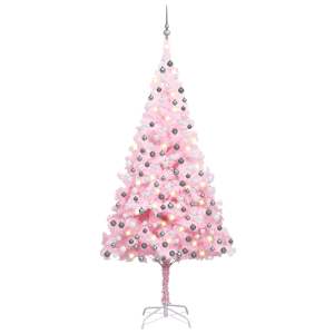 vidaXL valgustusega kunstkuusk kuulidega, roosa, 210 cm, PVC