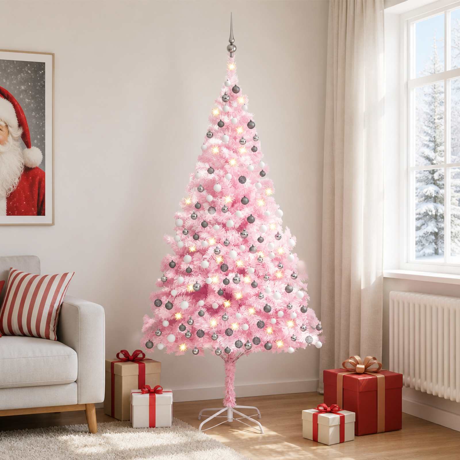 Kunstigt Juletræ Med Lys Og Kuglesæt PVC - Lyserød og grå / 210 x 120 cm