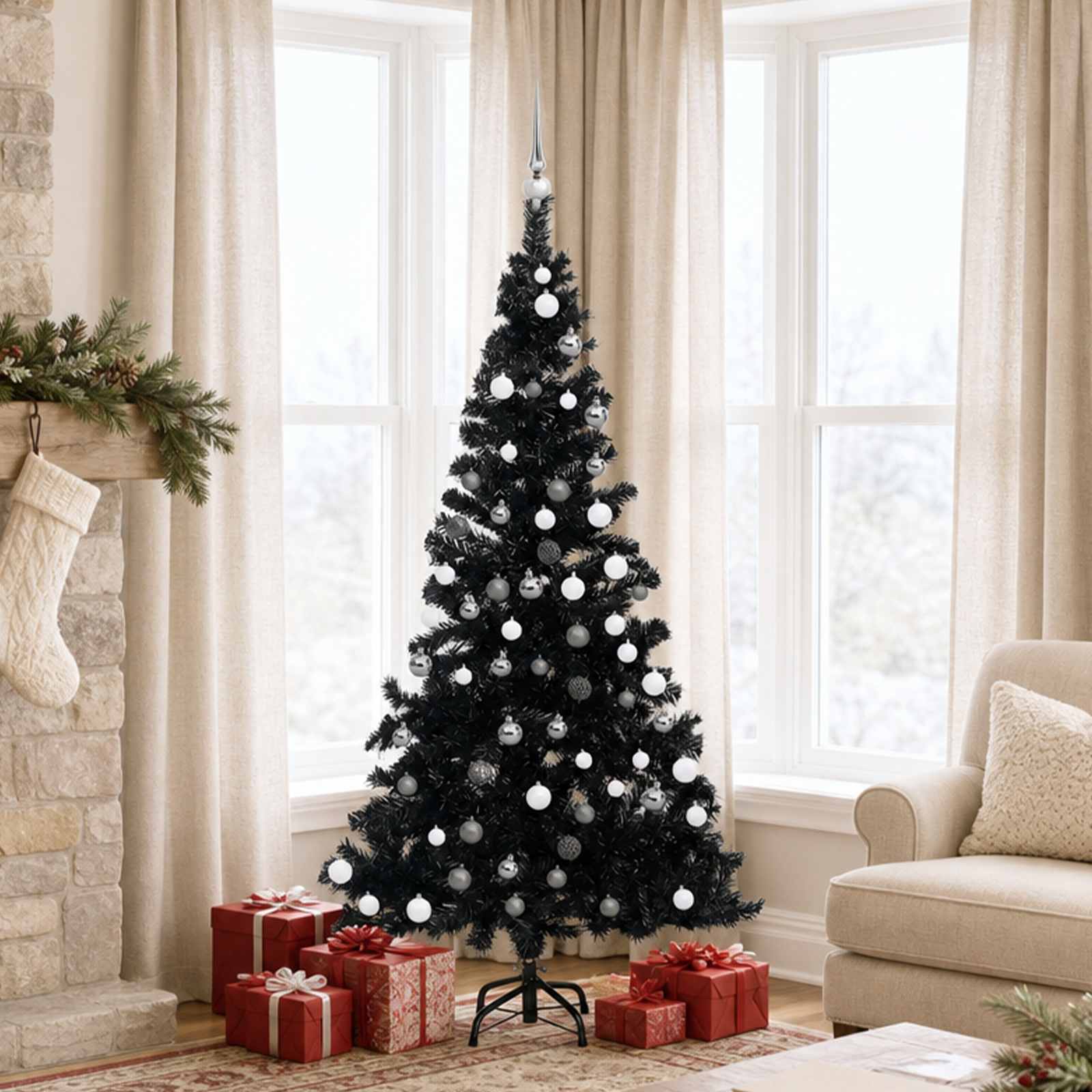 Kunstigt Juletræ Med Lys Og Kuglesæt PVC - Sort og grå / 150 x 75 cm