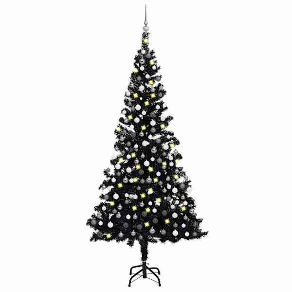 vidaXL valgustusega kunstkuusk kuulidega, must, 210 cm, PVC