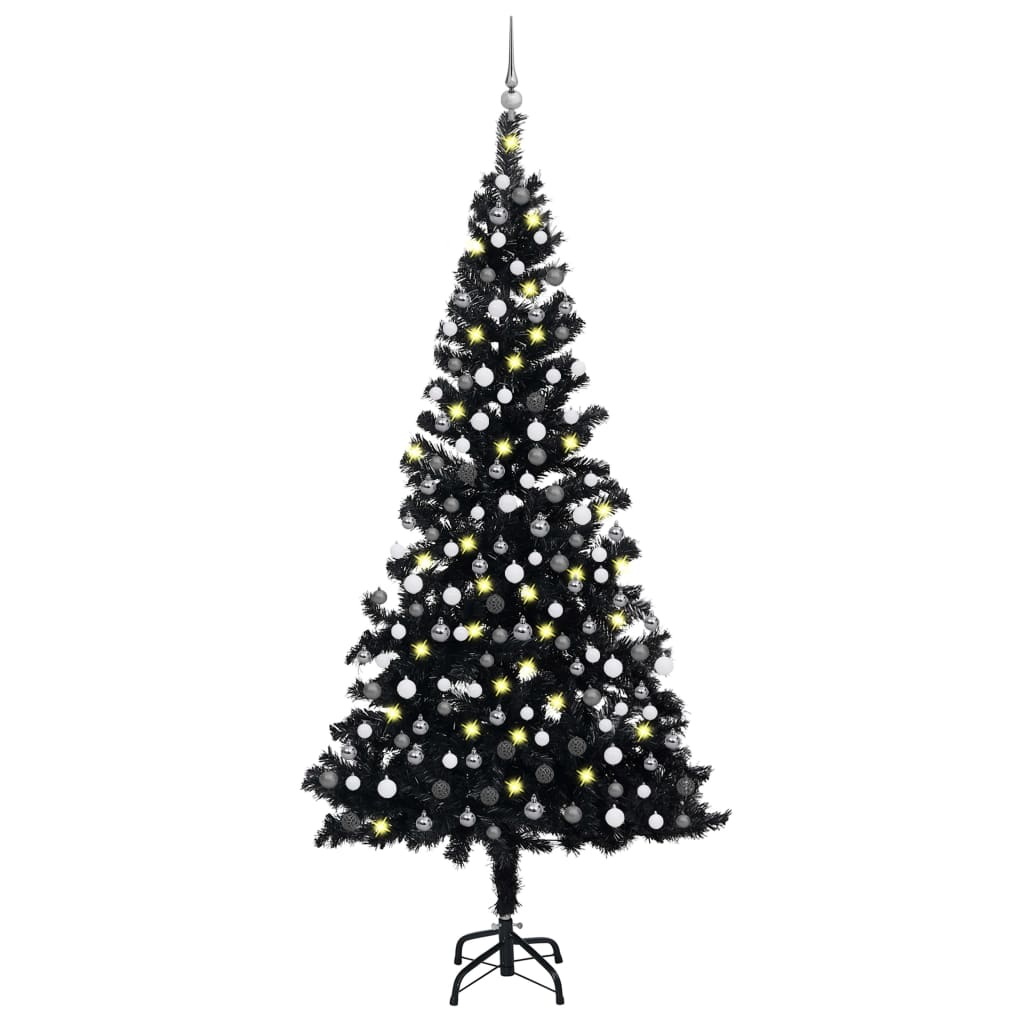 vidaXL Set brad Crăciun artificial cu LED-uri&globuri negru 210 cm PVC