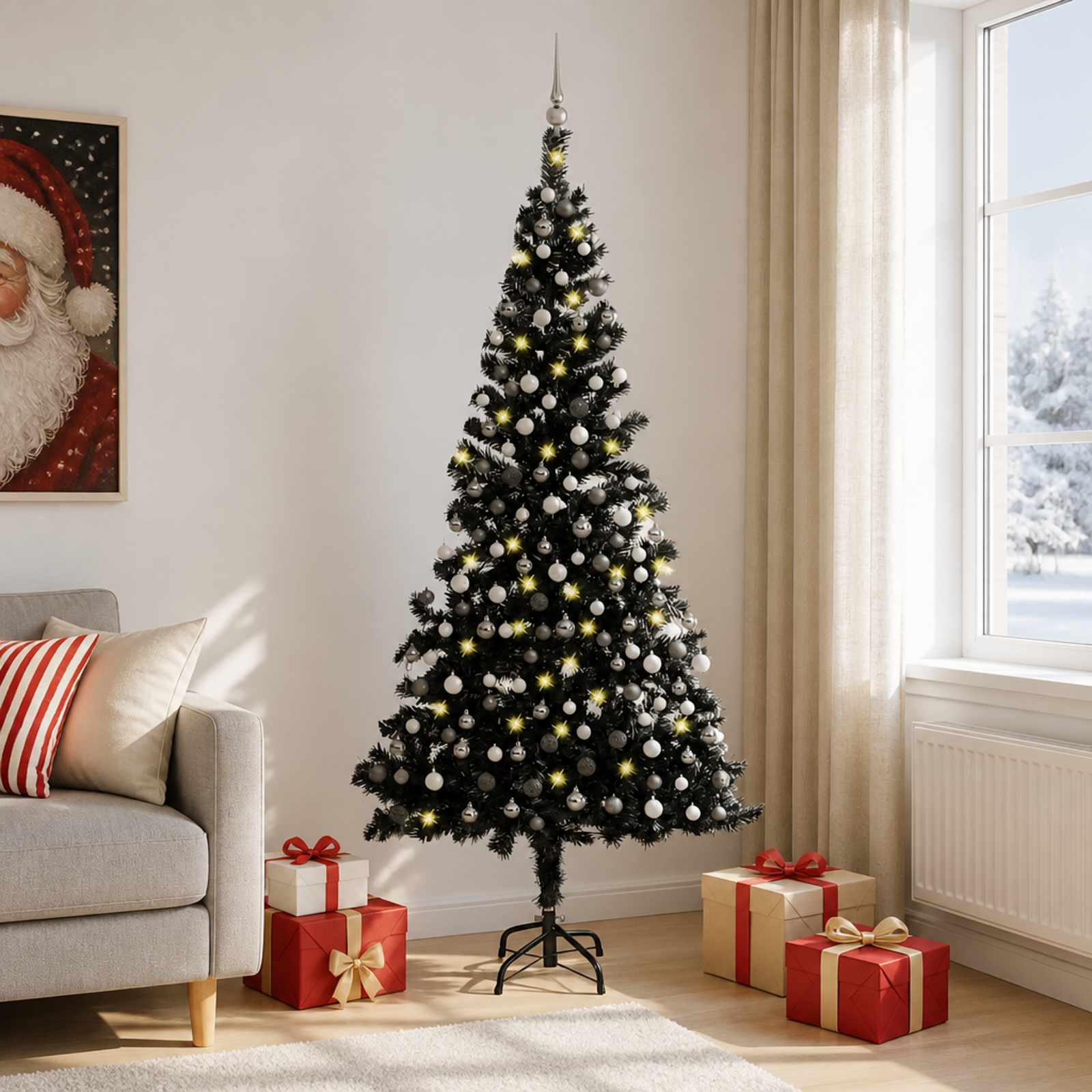 vidaXL Künstlicher Weihnachtsbaum Beleuchtung & Kugeln Schwarz 210 cm