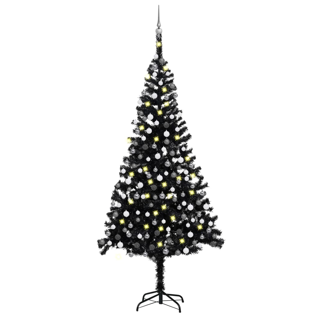 vidaXL Set brad Crăciun artificial cu LED-uri&globuri negru 240 cm PVC 