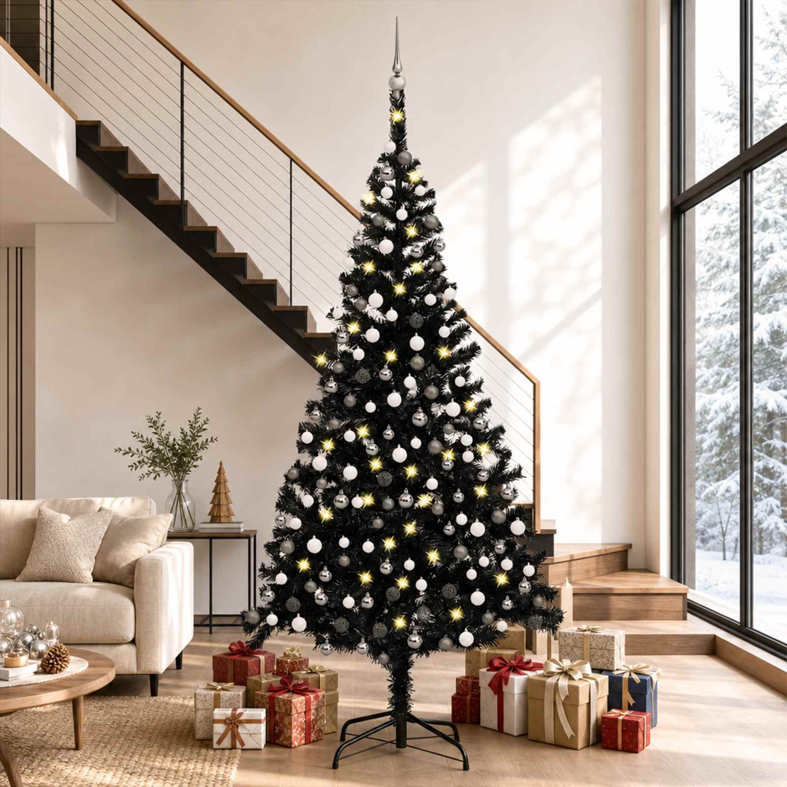 Kunstigt Juletræ Med Lys Og Kuglesæt PVC - Sort og grå / 240 x 120 cm