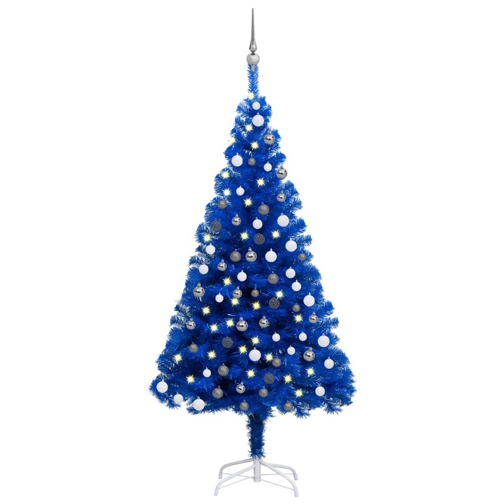  Osvetlený umelý vianočný stromček s guľami, modrý 150 cm, PVC